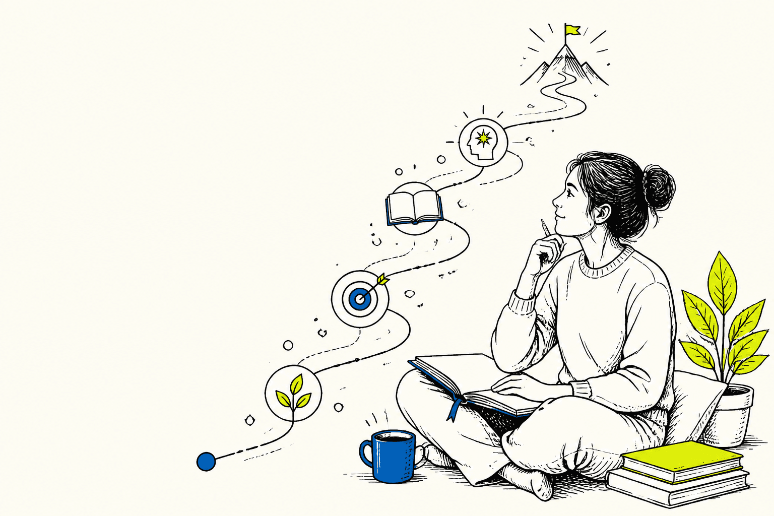 A person reflecting beside a path of learning, focus, and growth